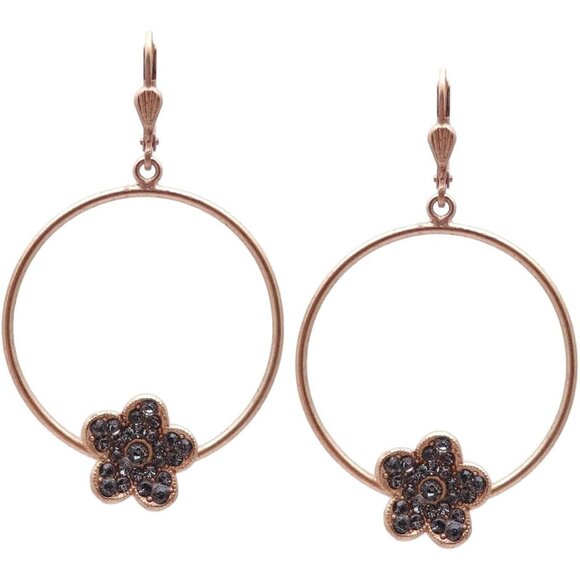 Catherine Popesco Jewelry - Catherine Popesco Dark Grey Crystal Flower Drop Hoop Gold Leverback Earrings NEW